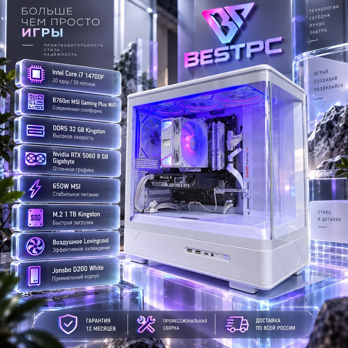 Игровой ПК i7-14700F, RTX 5060 8 ГБ, 32 ГБ DDR5, SSD 1 ТБ, Jonsbo D200 White