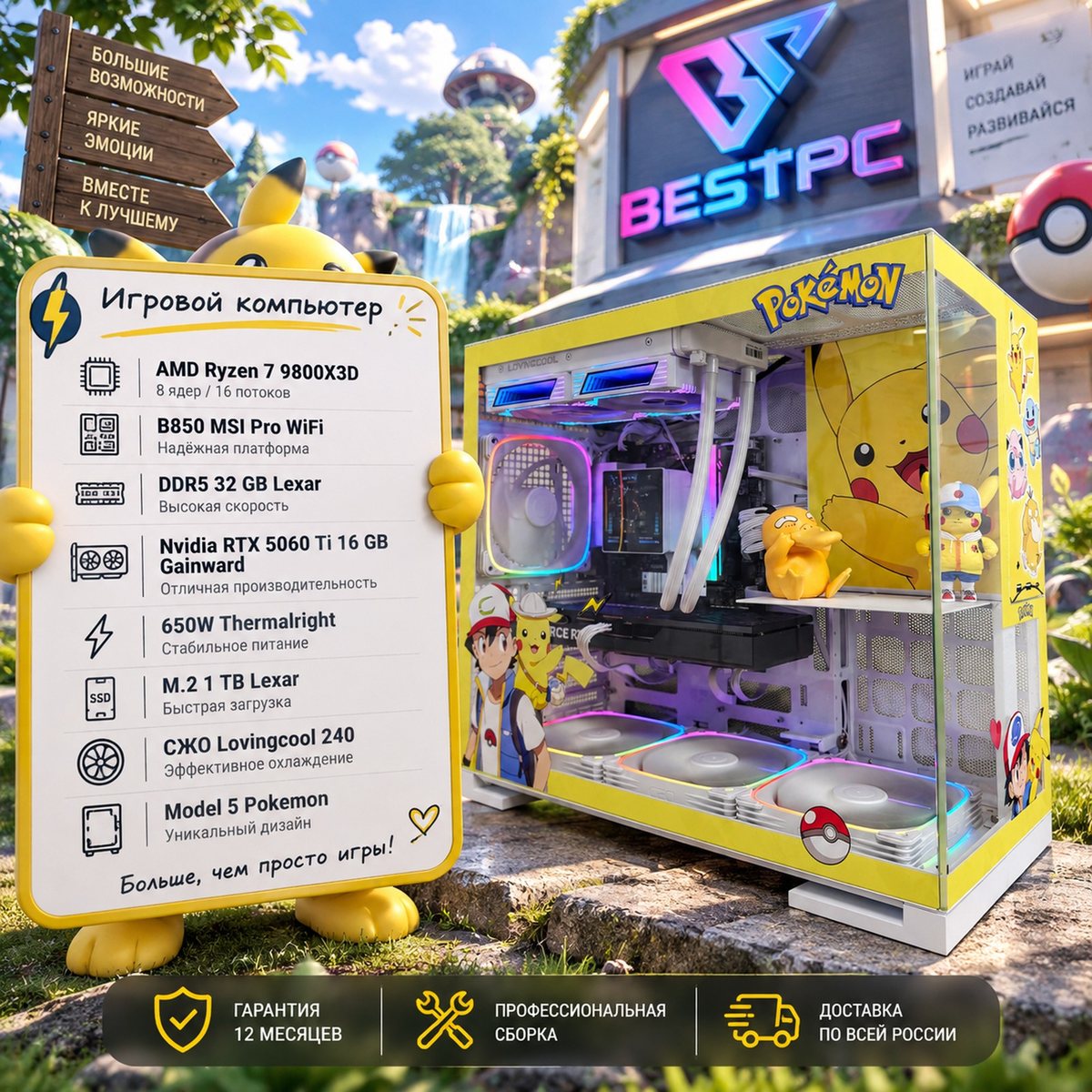 Игровой ПК Ryzen 7 9800X3D, RTX 5060 Ti 16 ГБ, 32 ГБ DDR5, Pokemon