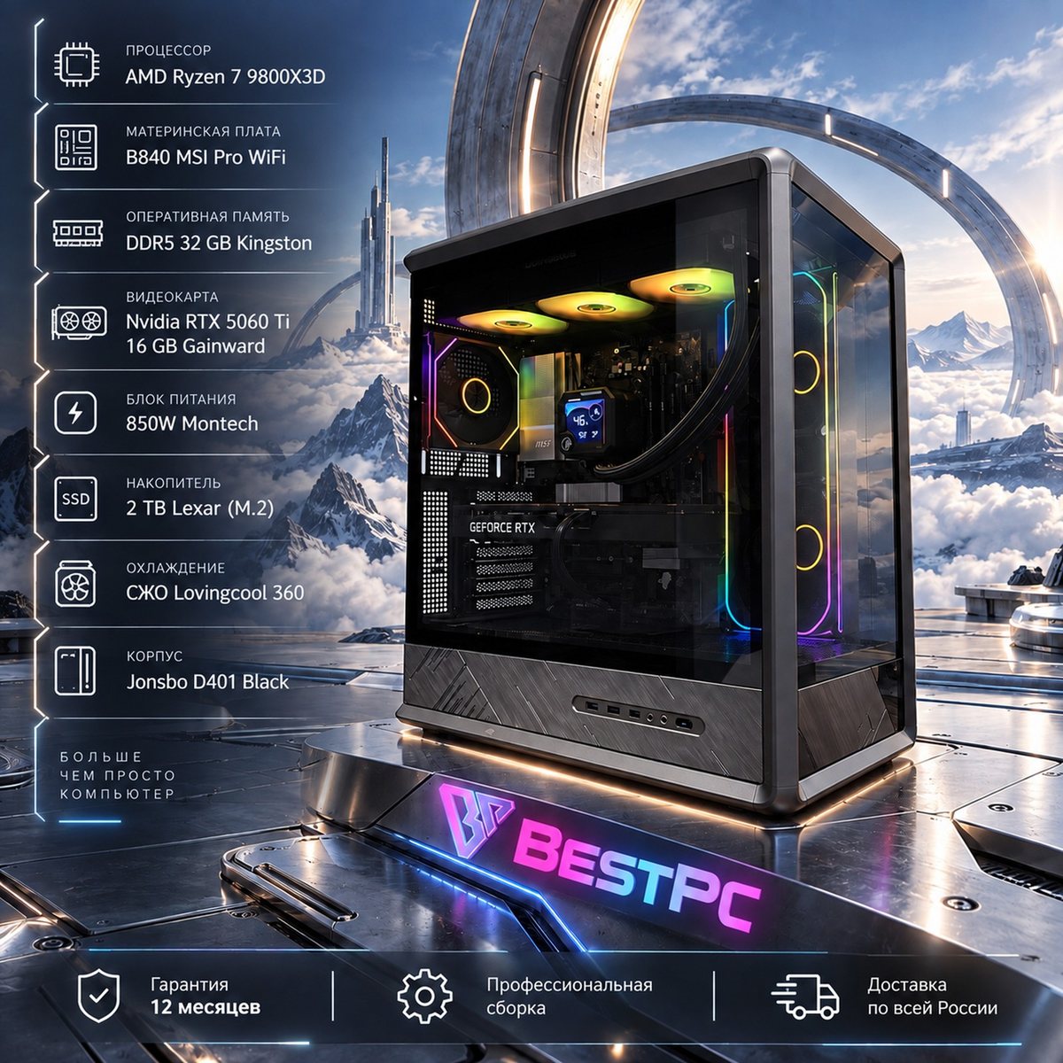 Игровой ПК Ryzen 7 9800X3D, RTX 5060 Ti 16 ГБ, 32 ГБ DDR5, SSD 2 ТБ, Jonsbo D401