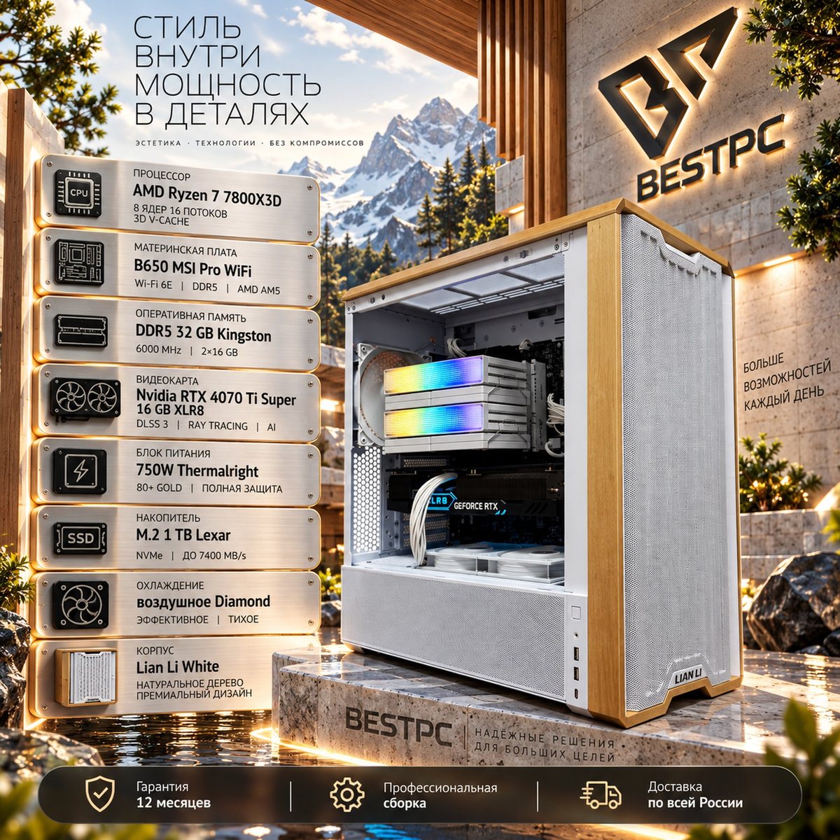 Игровой ПК Ryzen 7 7800X3D, RTX 4070 Ti Super 16 ГБ, 32 ГБ DDR5, Lian Li White