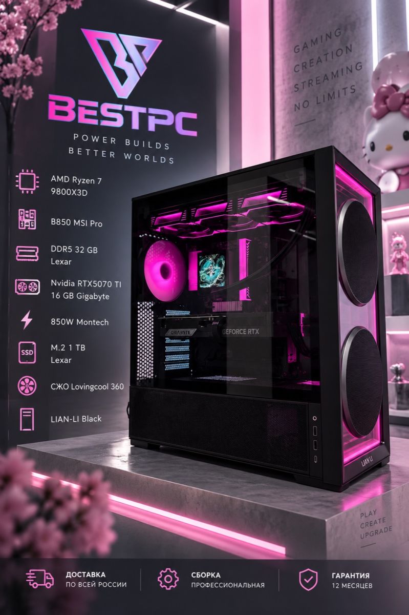 Игровой ПК Ryzen 7 9800X3D, RTX 5070 Ti 16 ГБ, SSD 1 ТБ, LIAN LI Black