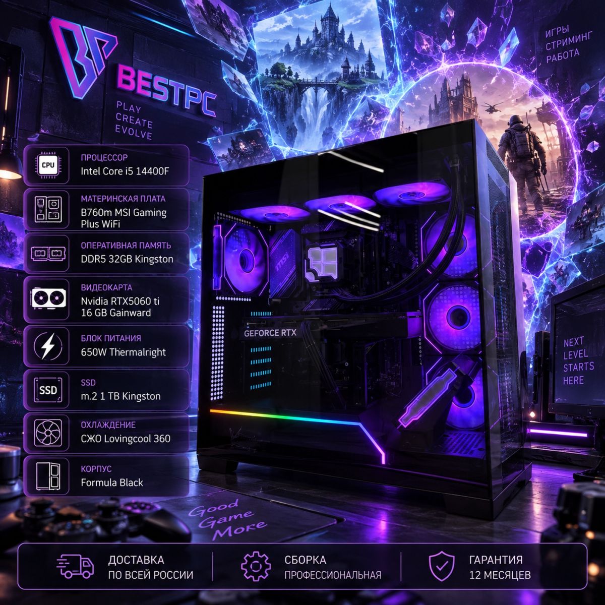 Игровой ПК i5-14400F, RTX 5060 Ti 16 ГБ, 32 ГБ DDR5, водянка 360